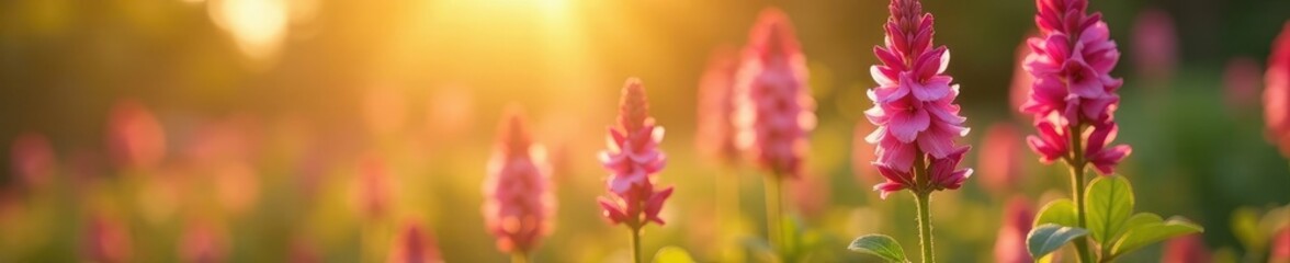 Fototapeta premium soft pink petals on spikes of veronica in sunlight, flower stem, sun
