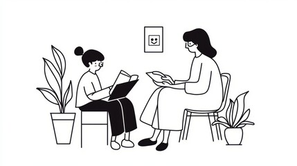 Woman and Girl Reading Books Together in Cozy Indoor Illustration Setting