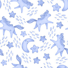 Watercolor blue background, pattern with cute horses, moon and stars. Hand drawn illustration with raindrops.