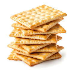 Stacked Pile of Crispy Saltine Crackers Isolated on White Background