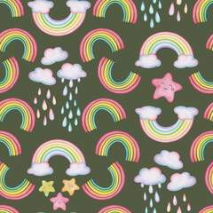 Magic sky, seamless pattern with watercolor stars, clouds, cosmic rain. Print for kids, nursery, textile, wallpaper, creative decor. 