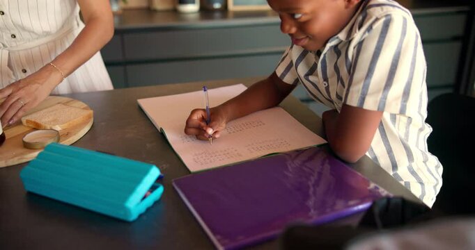 Woman, kid and writing in kitchen for learning, education and homework assignment at lunch. Above, mother and happy child in home with help, tutoring and math skill development in school notebook