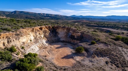 Obraz premium Aerial view of a large desert area with a distinct crater and surrounding greenery : Generative AI
