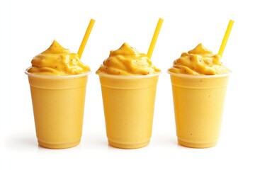 Three Mango Smoothies in Plastic Cups with Straws