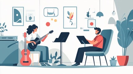 Woman Playing Guitar with Man Reading Music in an Airy Modern Living Room