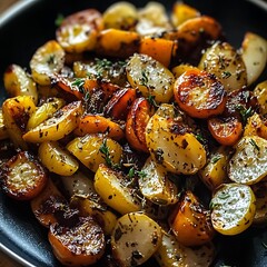 Fototapeta premium there is a black plate with a bunch of roasted potatoes and carrots