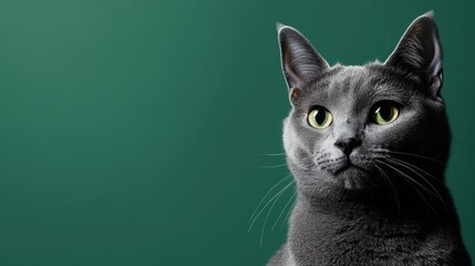 grey cat on a blue background, the concept of animal life