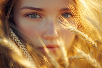 Close-up of Young Woman's Face in Wheat Field