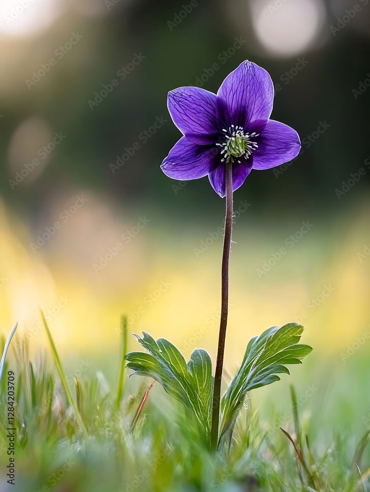 Poster closeup of a delicate purple flower blossoming in a sunlit meadow with soft greenery around it : gen
