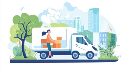 Woman Unloading Boxes from Moving Truck in Front of City Buildings