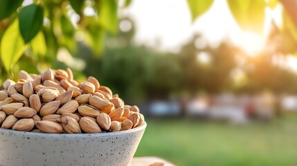 Nutritious Almonds in Decorative Bowl Surrounded by Green Leaves and Natural Light : Generative AI