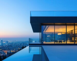 Modern glass villa overlooking a city skyline at sunset, Residential Real Estate  Luxury Properties  Housing Demand, urban luxury lifestyle