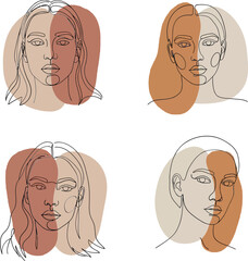 Abstract portraits of diverse women in minimal line art style showcasing different expressions and color palettes in vector illustration