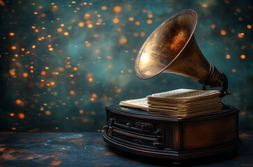 A vintage gramophone playing soft jazz music in a dimly lit room,