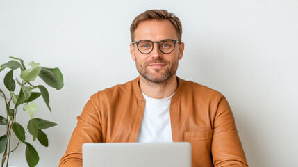 man with glasses sits at desk with laptop, smiling confidently. He wears brown leather jacket and is surrounded by green plant, creating modern workspace atmosphere