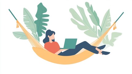 Woman Works on Laptop Relaxing in Hammock Surrounded by Tropical Plants Illustration