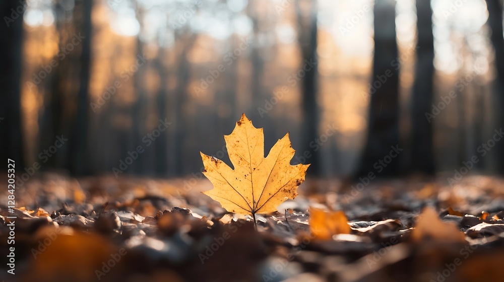 Poster beautiful autumn maple leaf surrounded by fallen leaves in serene forest setting with warm sunlight 