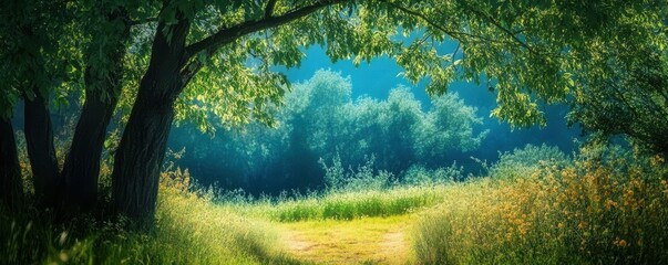 Fototapeta premium Tranquil sunlit meadow with green trees and yellow wildflowers under clear blue sky