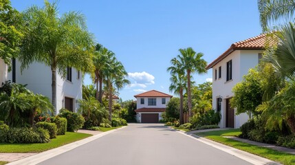 Fototapeta premium A gated community of luxury villas with lush landscaping, Residential Real Estate Luxury Properties Housing Demand, exclusive neighborhood living