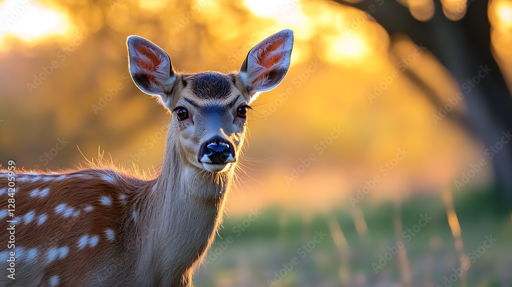 Poster closeup portrait of a curious deer fawn surrounded by warm sunlight creating a peaceful moment : gen