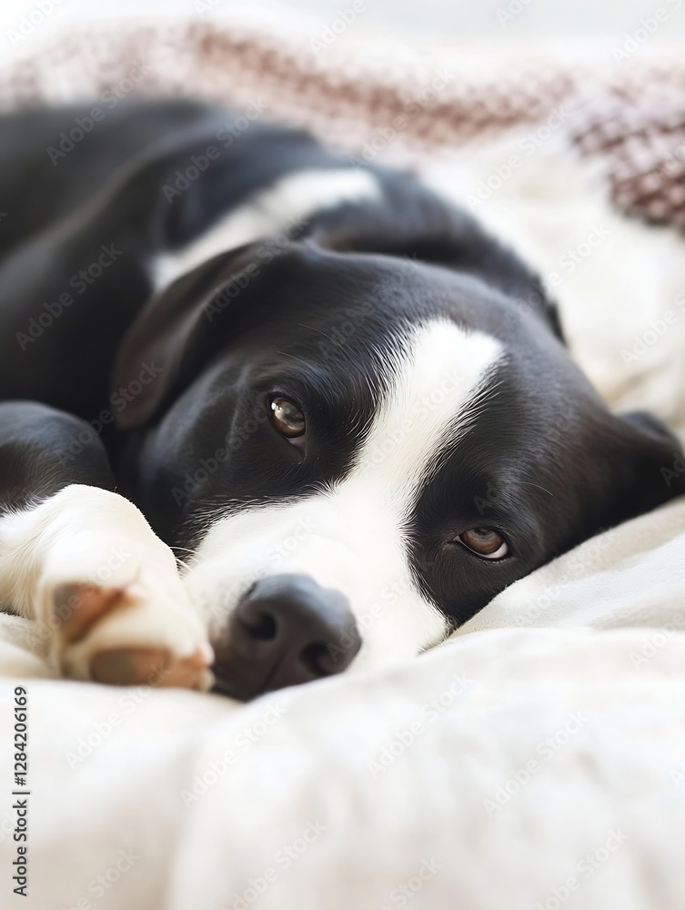 Poster adorable black and white dog resting peacefully on soft bedding showcasing its charming expressions 