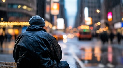 Fototapeta premium A reflective moment captured of a homeless man sitting in the rain on a busy city street : Generative AI