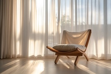 Modern chair in sunlit room with soft curtains and warm ambiance