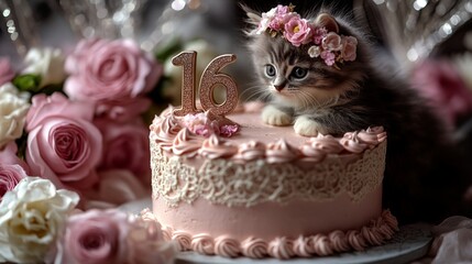 A kitten is sitting on top of a pink cake with the number 16 on it. The cake is surrounded by pink flowers, which add a touch of elegance and sweetness to the scene. Concept of celebration and joy