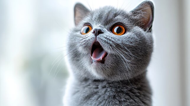 Close-up of a grey kitten with orange eyes, mouth open, looking up.