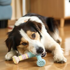 there is a dog that is laying down with a toy in its mouth