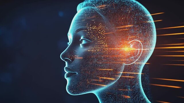 Digital Mindscape: A stunning visualization of the human mind, depicted as a luminous digital network with streams of data and neural connections, against a dark, captivating backdrop.