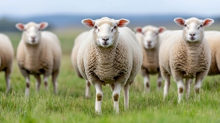 Obraz premium Group of sheep grazing in green pasture with clear skies and vibrant landscape : Generative AI