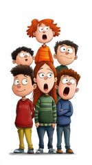 Obraz premium Surprised Children Group Illustration Colorful Cartoon Kids on White