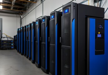Data center with glowing blue servers