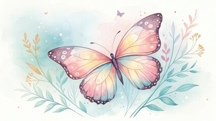 Watercolor butterfly surrounded by delicate flora, embodying creativity and grace in a soft pastel setting