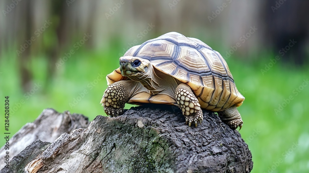 Poster a charming tortoise basking on a log amidst lush green grass in a natural outdoor environment : gene
