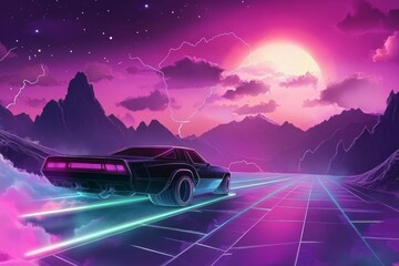 Classic retro car driving on a neon-lit synthwave road
