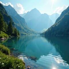 Fototapeta premium Sparkling mountain lake with lush greenery and gentle water ripples, reflection, mountain, sparkling
