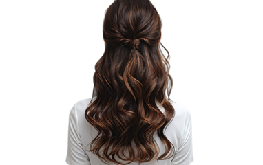 Woman with long brown wavy hair in a half updo hairstyle back view in white top