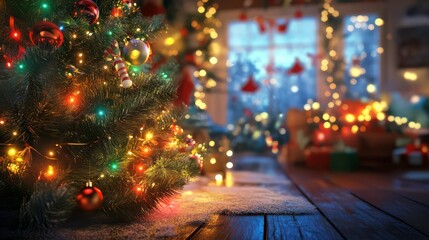 Festive christmas tree with colorful lights in cozy living room setting