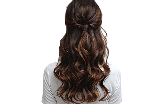 Woman with long brown wavy hair in a half updo hairstyle back view in white top