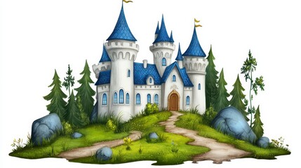 Obraz premium White Stone Castle with Blue Roofs on a Green Hill