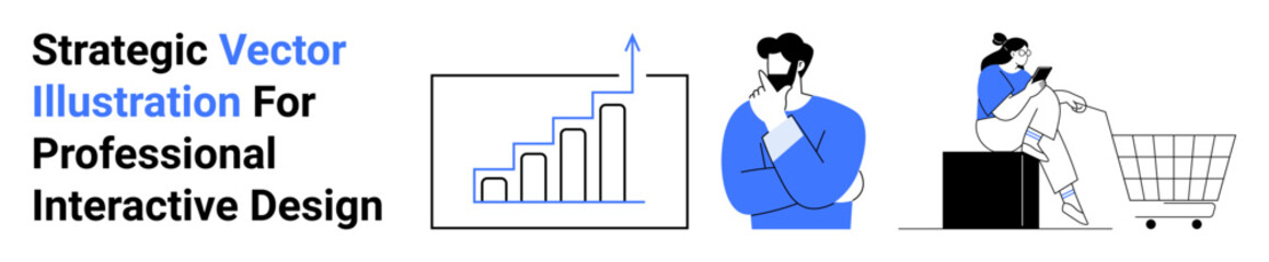 Bar chart with growth arrow, thoughtful man analyzing strategy, woman using mobile with shopping cart. Ideal for analytics, financial growth, decision-making, e-commerce, marketing, strategy