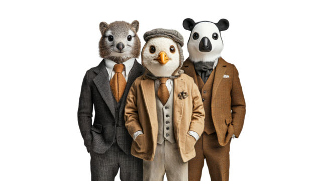 Stylishly dressed animals posing together in suits
