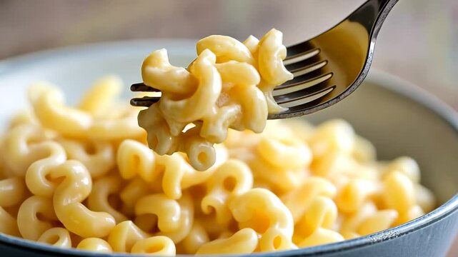 Creamy macaroni pasta twirls gracefully on fork set against a blurred background, Closeup of creamy macaroni pasta on fork with blurred background