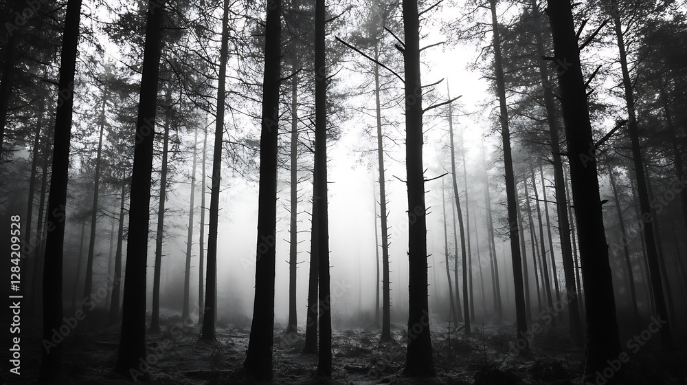 Poster Mysterious misty forest with tall trees creating an eerie and enchanting atmosphere in monochrome : Generative AI
