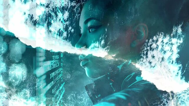 Face of a young adult black woman. Double exposure effect combining a woman's profile and ocean waves. Video footage to attract attention in banner ads. Double exposure. Generated AI.