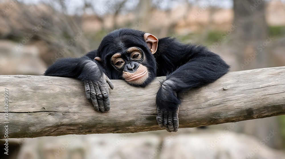 Poster Cute young chimpanzee resting on a log showing a relaxed and playful expression : Generative AI