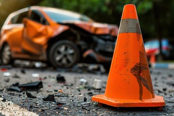 An orange traffic cone stands amidst the debris of a car accident, highlighting the damage to the crumpled vehicle in the background. emergency response
