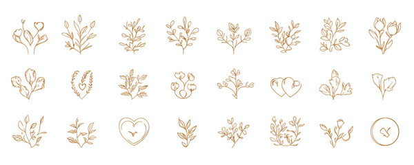 Flat linear nature icons set - outline vector of floral and leaf designs.